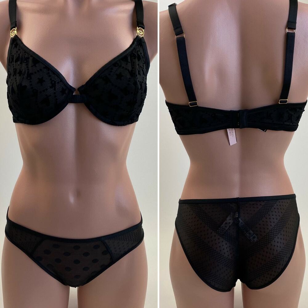 Victoria's Secret Underwire Unlined Demi Bra 34D Bikini S Black Set NWT